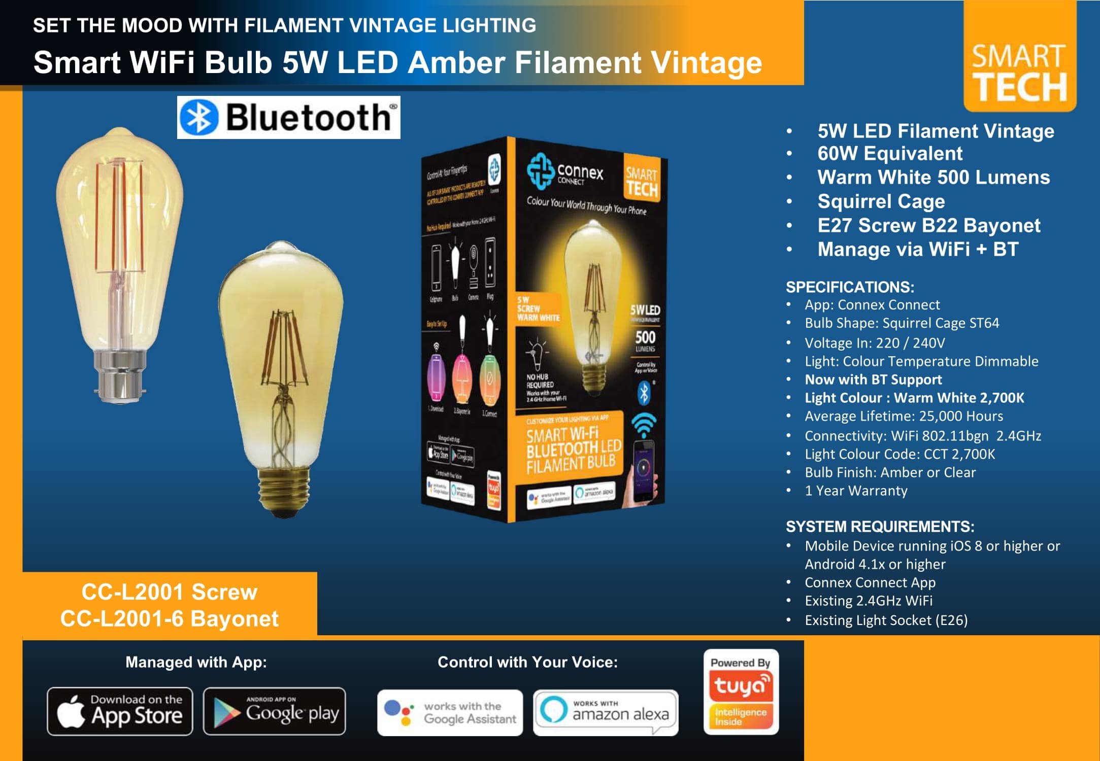 Smart WiFi Bulb 5W LED Amber Filament Vintage Bayonet
